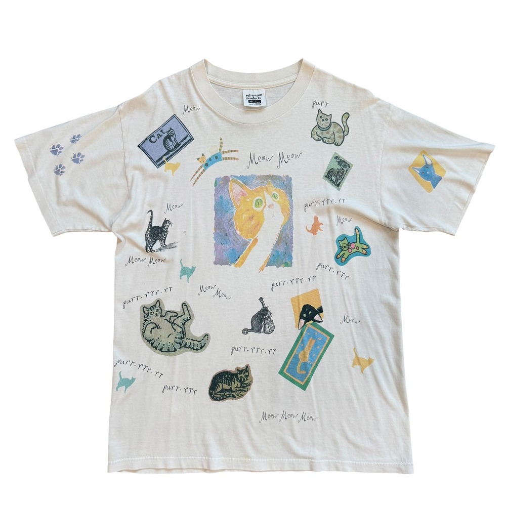 Vintage Relevant Products Cat All Over Print T-Shirt Cream Single Stitch Medium